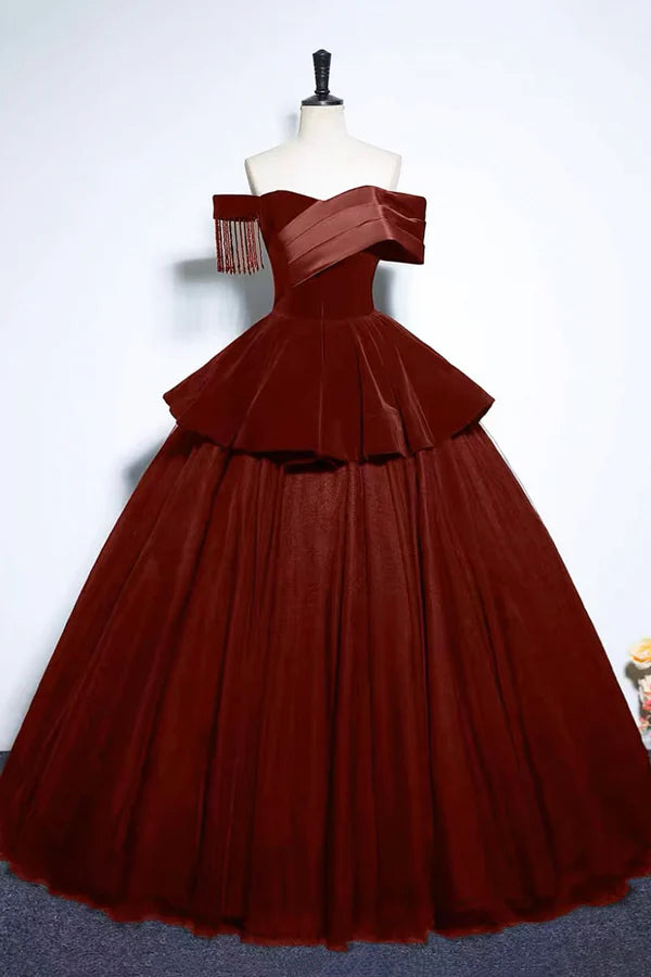 Wholesale Burgundy Velvet and Tulle Long Formal Dress A-Line Off the Shoulder Evening Party Dress